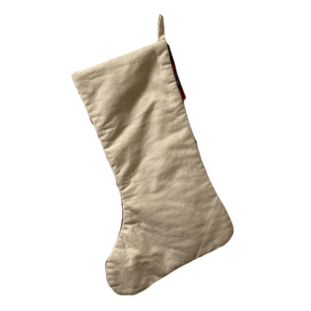 Pier 1 Snowman Stocking Appliqué Christmas Plaid Cuff 3D Embroidered Beaded‎